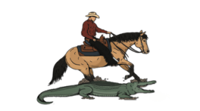The Southern Reined Cow Horse Alliance hosts the fourth annual Louisiana Classic. "Louisiana Classic, Come Slide With Us!" The image is of a man riding a horse on top of an alligator.