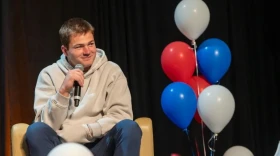 Drake Maye fielding questions at Bryant University on Nov. 4.