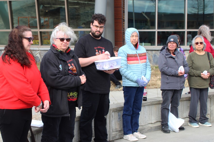 Kenaitze Indian Tribal Council Chair Bernadine Atchison (second from left) speaks to attendees at a vigil observing Missing and Murdered Indigenous Persons Day on Tuesday, May 5, 2026 in Kenai, Alaska.