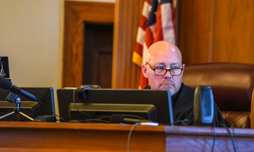 Judge Craig Carter, a Wright County judge serving in Cole County for Missouri's gender-affirming care trial, listens to a nurse practitioner testify during the trial.