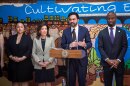 New York City Mayor Zohran Kwame Mamdani, Gov. Kathy Hochul and Schools Chancellor Kamar Samuels appear at an even in Queens on May 19, 2026.