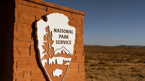 The U.S. National Parks Service logo is displayed at Glen Canyon National Recreation Area on July 10, 2025 in Page, Arizona.