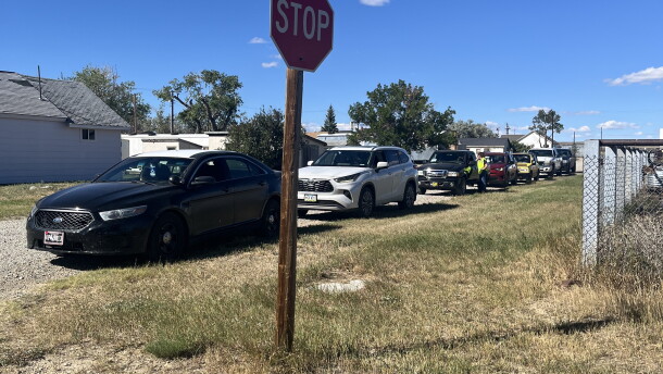A line of cars waiting to receive food in Rock River. A stop sign in the foreground.