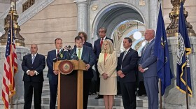 Luzerne County District Attorney Sam Sanguedolce, at the podium, is joined by DAs from around Northeast Pennsylvania on Tuesday, July 21, 2026 for a press conference at his county's courthouse in Wilkes-Barre. They gathered to urge state lawmakers to act on legislation that would remedy felony murder sentencing guidelines in the wake of a state Supreme Court ruling that found life with parole for second-degree felony murder is unconstitutional.Front row, from left, are: Carbon County DA Michael Greek, Lackawanna County DA Brian Gallagher, Sanguedolce, Sullivan County DA Julie Gavitt Shaffer, Wayne County DA A.G. Howell and Schuylkill County DA Michael O'Pake. Back row, from left: Susquehanna County DA Marion O'Malley and Wyoming County DA Joe Peters. 