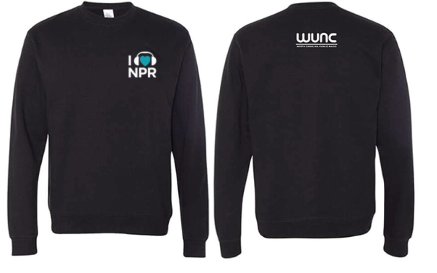 A black crewneck sweatshirt featuring the WUNC and NPR logos