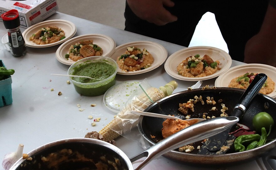 The winning dish, from John Lares, was fresh corn grits and oyster mushrooms seared in the style of scallops. It was topped with a tomatillo, garlic scrape, and radish salsa.