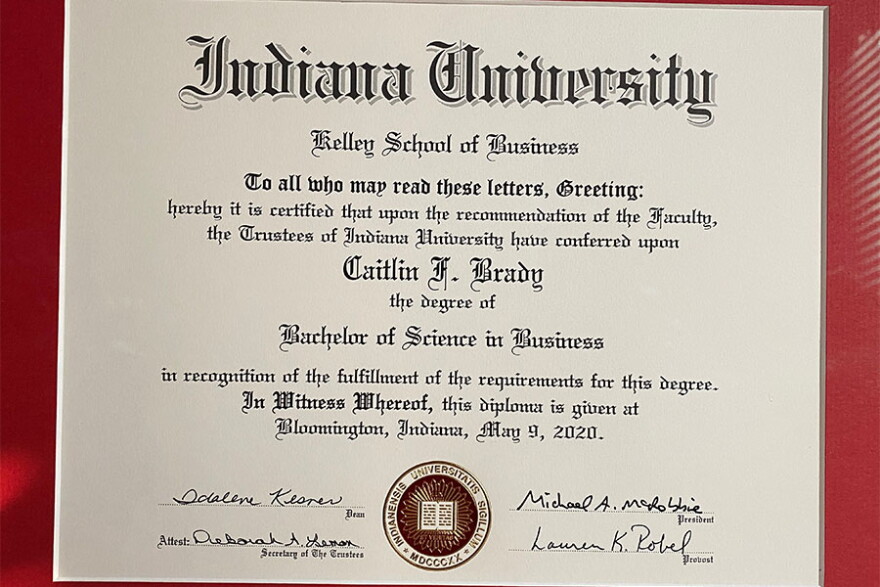 Picture of IU 2020 graduate Caitlin Brady's diploma.