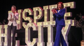 Former vice president Kamala Harris on stage at the Mahalia Jackson Theater with New Orleans Mayor Helena Moreno on Aug. 7, 2026.