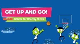 A get-up-and-go sign with three green cartoon characters playing basketball. 