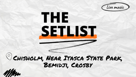 "The Setlist" and "Chisholm, Near Itasca State Park, Bemidji, Crosby" written over a crumpled paper background.