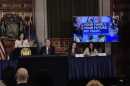 New York Gov. Kathy Hochul announces a framework deal on a $268 billion state budget on Thursday, May 7, 2026, at the State Capitol in Albany.