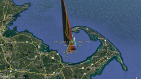 The colored vertical lines show flight paths for hypothetical meteorites of varying sizes that could have fallen into Cape Cod Bay after the meteor explosion on Saturday.