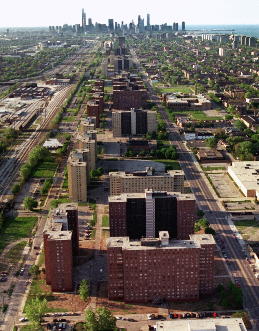 Two miles of 16-story towers, including the Robert Taylor homes in the foreground, stretch toward the Chicago skyline in 1996. They have since been torn down.