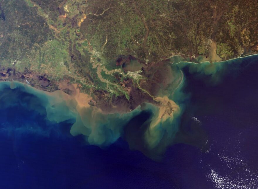 Satellite photo shows the Mississippi River carrying sediment, often laden with nutrient pollution, to the Gulf of Mexico