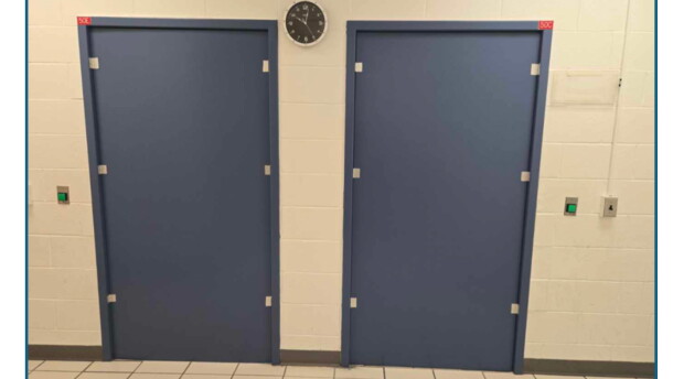 A former seclusion area is seen earlier this year within Windsor Woods Elementary School after doors were replaced with plywood because Virginia Beach ended the use of dedicated seclusion rooms. The image was part of a document describing plans to redesign the area that were provided by the city schools in response to a records request.