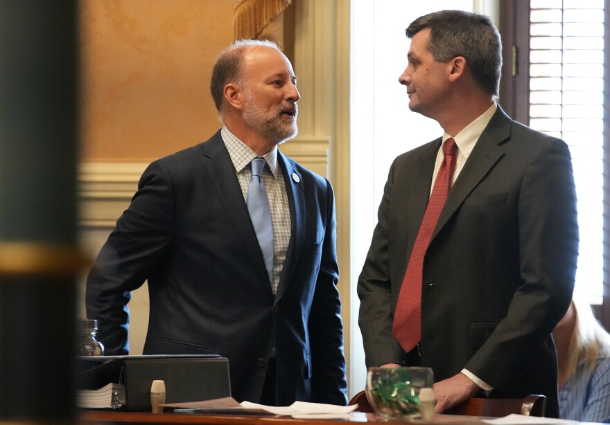 Sen. Sean Bennett, R-Charleston, and Senate Majority Leader Shane Massey, R-Edgefield, speak in the Senate chamber at the Statehouse on Feb. 25 , 2026.