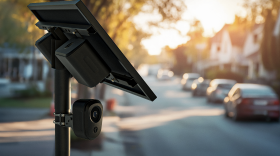 a black, pole-mounted camera on a residential street with a solar power panel