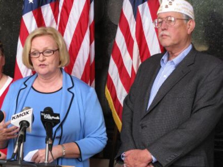 U.S. Senator Claire McCaskill speaks to the media on Friday, May 27. To her left is veteran George Newell.