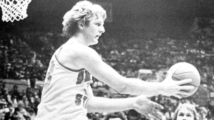 Indiana State University's All-American Larry Bird (with ball) keeps the play going, Feb. 25, 1979.