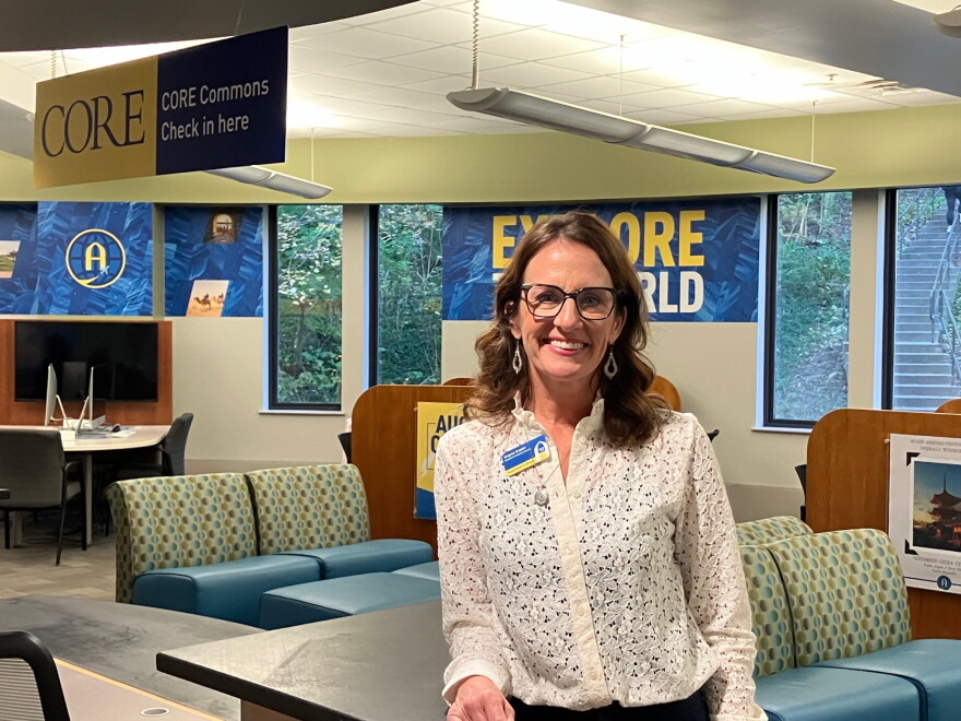 Angela Snyder, Augustana's first assistant vice president for impact learning, in the lobby of Olin Center on the Rock Island campus, Thursday, Oct. 22, 2026.