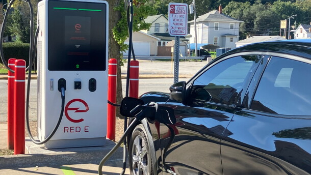 A battery-powered electric car charges at one of two new charging stations at the East Moline Public Library parking lot, Thursday, Sept. 24, 2026.