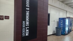 The entrance to the men's swimming and diving locker room at Missouri State University (photo taken May 11, 2026).