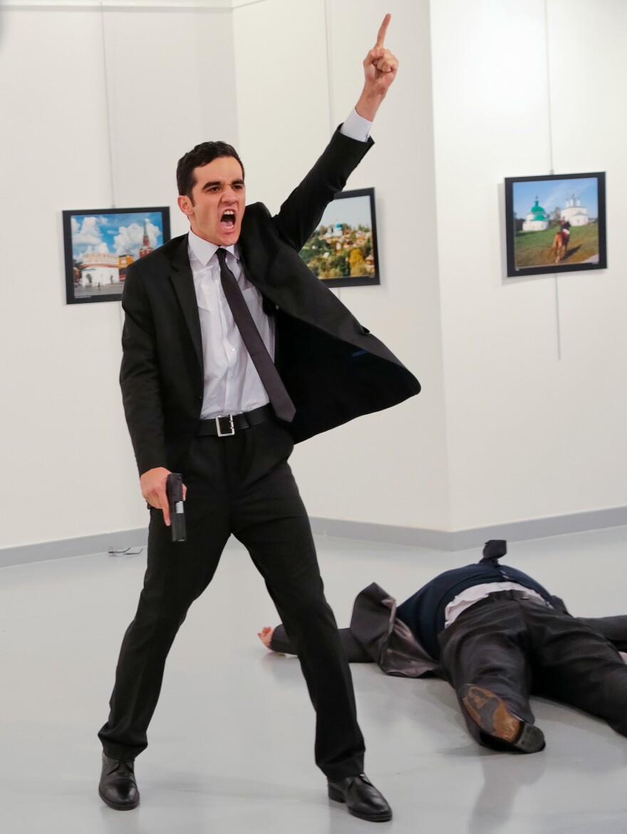 An Associated Press photographer at the scene reports this man shot Andrei Karlov, the Russian ambassador to Turkey, at a photo gallery in Ankara on Monday.