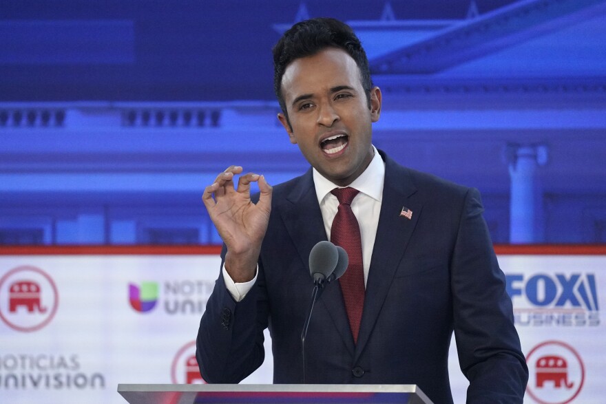 Businessman Vivek Ramaswamy speaks during a Republican presidential primary debate hosted by FOX Business Network and Univision, Wednesday, Sept. 27, 2023, at the Ronald Reagan Presidential Library in Simi Valley, Calif. (AP Photo/Mark J. Terrill)