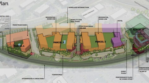A map shows the planned location of buildings proposed for the Pearl Arts District.