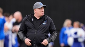 Kentucky head coach Mark Stoops walks the field before an NCAA college football game against Vanderbilt, Saturday, Nov. 22, 2025, in Nashville, Tenn.
