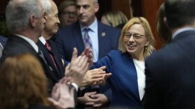Maine Gov. Janet Mills arrives to swear in the new Maine Legislature, Wednesday, Dec. 7, 2022, in Augusta, Maine.