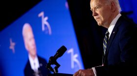 U.S. President Joe Biden pauses while speaking during a NATO 75th anniversary celebratory event at the Andrew Mellon Auditorium in Washington, DC.