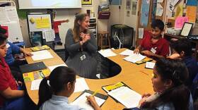 Melissa Mitchell teaches an English lesson to a group of fifth graders at West Goshen Elementary School. 51 percent of students in the Goshen Community School Corporation are Latino, and a quarter of students need English language services at school.