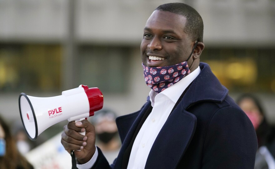 U.S. Rep.-elect Mondaire Jones, D-N.Y., speaks to supporters who gathered for a Protect the Results rally on Wednesday in front of the Westchester County Courthouse in White Plains, N.Y.