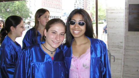 Lila Nordstrom (left) and fellow Stuyvesant High School graduates, 2002 (Courtesy of Lila Nordstrom)
