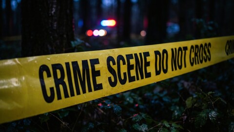 Yellow crime scene tape with the message "Crime Scene Do Not Cross" blocks a wooded area with police cruiser lights in the background