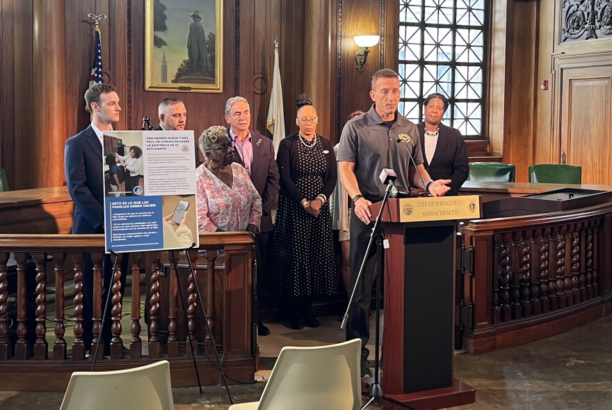 Gathering at Springfield City Hall Tuesday, Sept. 1, 2026, Springfield Public Schools leadership announced that the district would be adopting the AI-powered software "Edia" in its high schools to better track attendance and reduce chronic absenteeism, among other goals.
