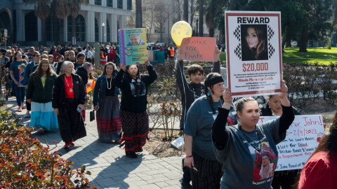 Family and friends of the missing and murdered march around the California State Capitol at the second annual Missing and Murdered Indigenous People Summit and Day of Action, Feb. 13, 2024, in Sacramento, Calif.