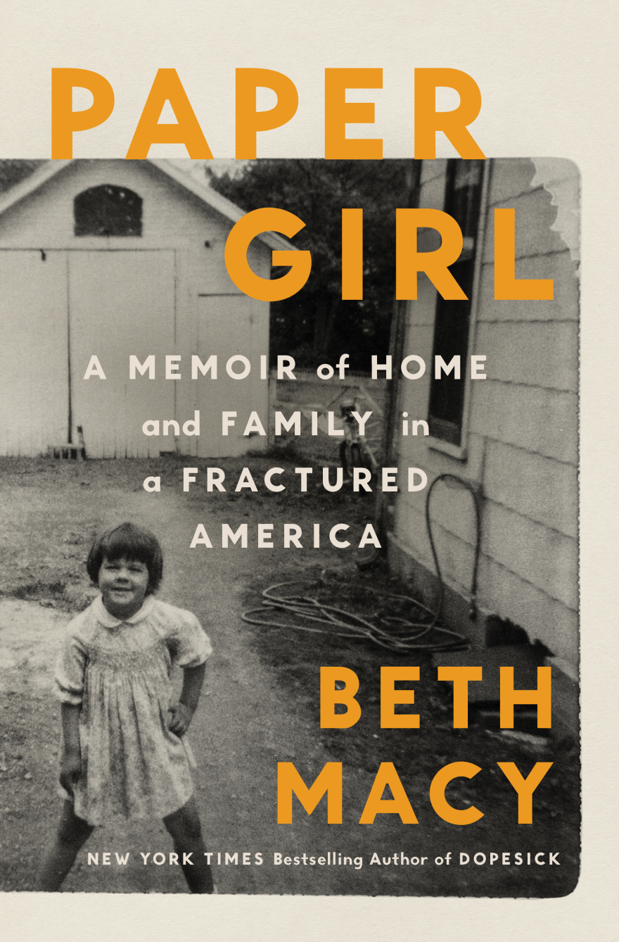 The cover of "Paper Girl: A Memoir of Home and Family in a Fractured America" by Beth Macy features a black-and-white photo of a child near a house and shed. 