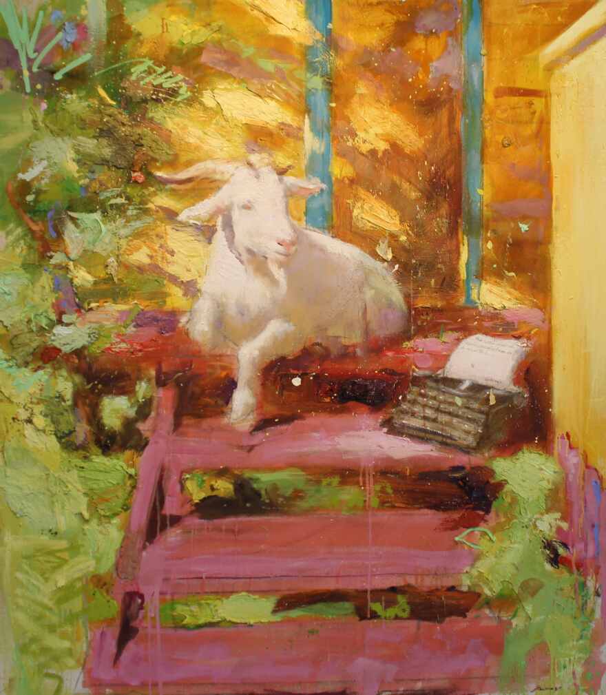 Painting like 'The Apple Tree' are part of Reynier Llanes' 'Fables' series and on view through December 15 at BIG ARTS on Sanibel Island.