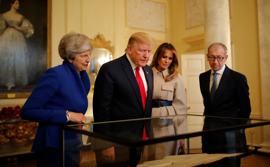 The Trumps and Mays explored 10 Downing Street. Among the items they looked at was a copy of the U.S. Declaration of Independence, from the time of the former British colony's national founding.