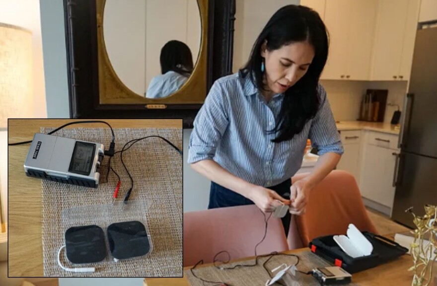 With no clear treatment for PMPS, Sophia Bassan and others have experimented with options such as nerve stimulation machines (inset), which may change or block pain signals to the brain. “Doctors act like it is so rare, like they’re so baffled,” Bassan says of PMPS. “But this is statistically predictable.”