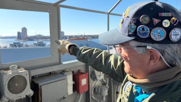 Retired Warrant Officer David Woods gives a tour of the USS Wisconsin, a World War II era battleship that is now a floating museum in Norfolk, Virginia.