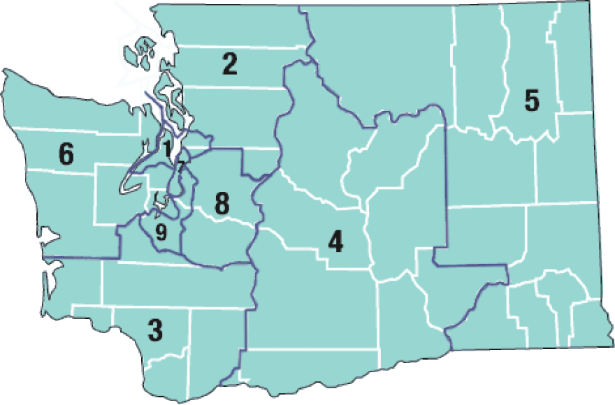 The state's current congressional district alignment of nine seats. Will Washington add a tenth? Census data coming Tuesday will tell.