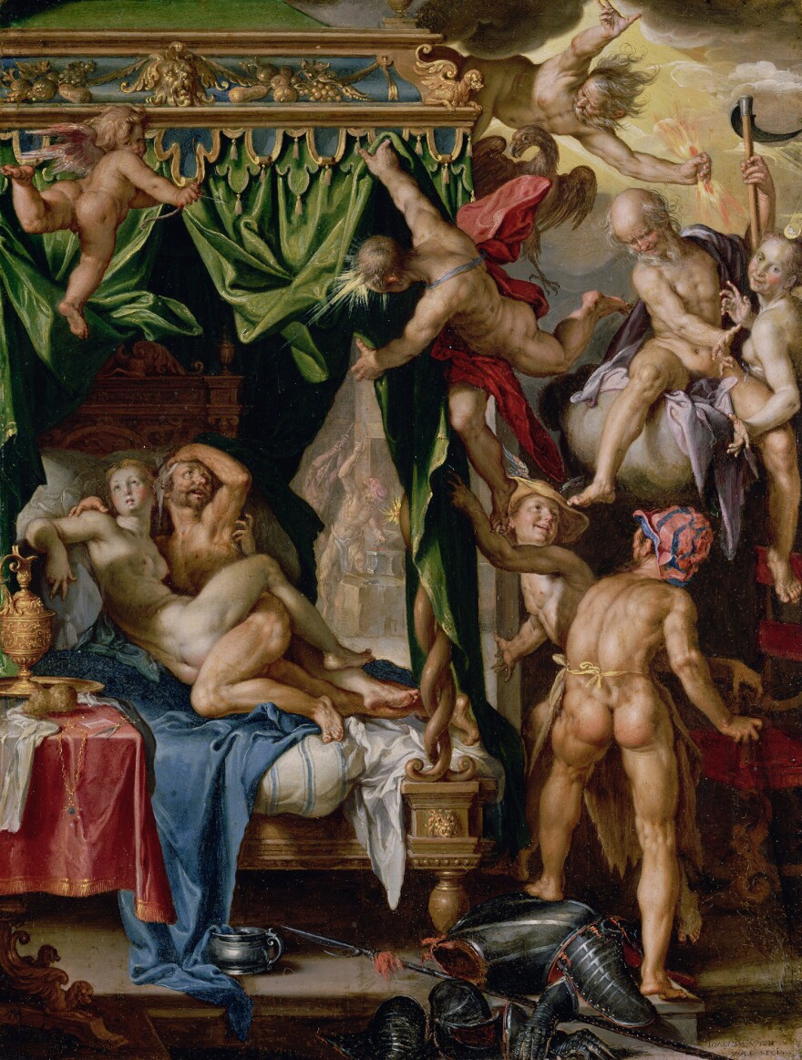 Wtewael revisited the adultery of Mars and Venus several times. In this version of <em>Mars and Venus Surprised by Vulcan </em>(1604-1608), Apollo raises the curtain on the bed as Vulcan, Venus' husband, approaches with his net, hoping to ensnare the couple. Cupid — Venus' son — takes aim at Apollo, as Mercury, Diana and Saturn look on and laugh.