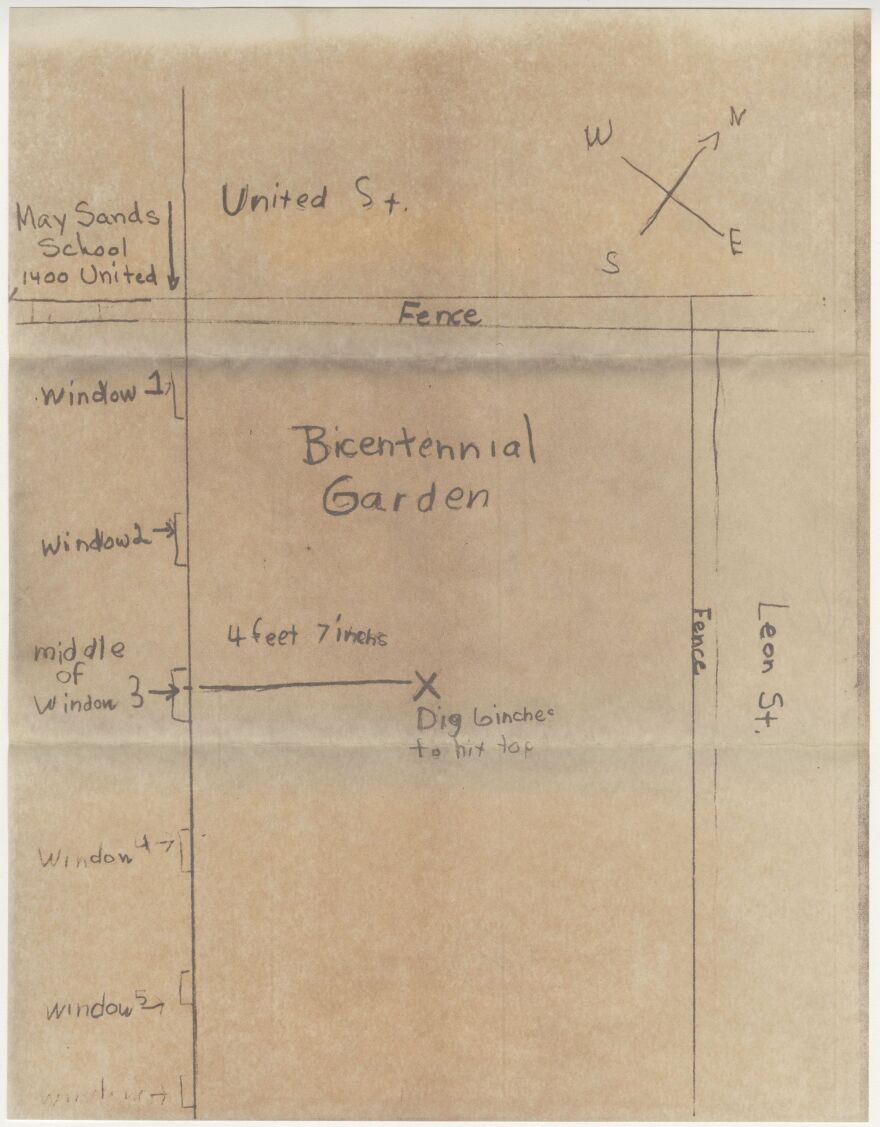 A 1976 map drawn by the students of the May Sands School showing the location of the time capsule they buried.