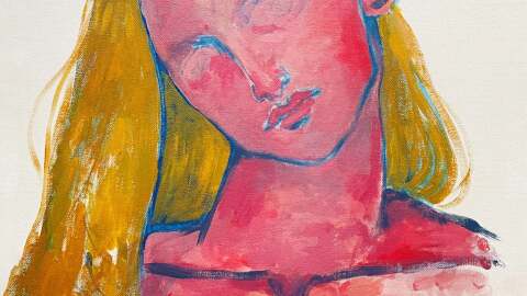 A painting of a blond woman from the shoulders up.