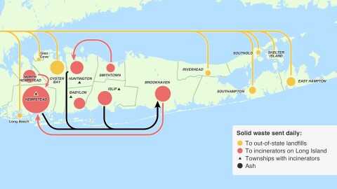 In 2021, The Town of Brookhaven Ad-Hoc Committee for Solid Waste Disposal submitted their Brookhaven Ash Fill exploratory report exploring the changing landscape of Long Island's waste management processes. It included a map designed by the Waste Reduction and Management Institute at Stony Brook University.