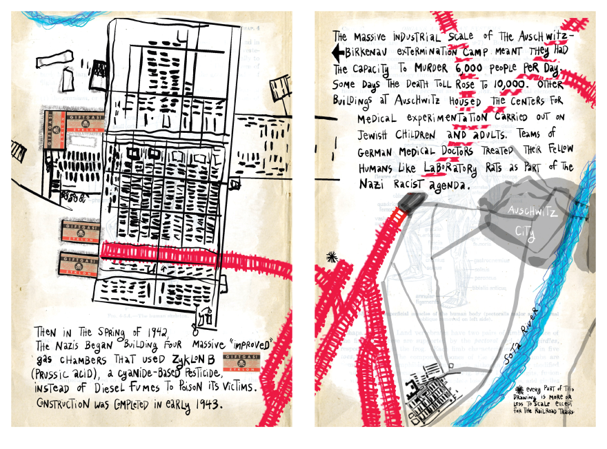 A book is opened flat to show both pages. They contain an illustrated map of the gas chambers at Auschwitz-Birkenau alongside text explaining the history