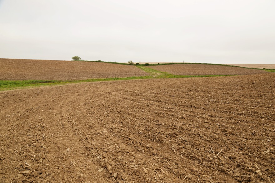 A brown field without anything growing in it and strips of green in the distance.